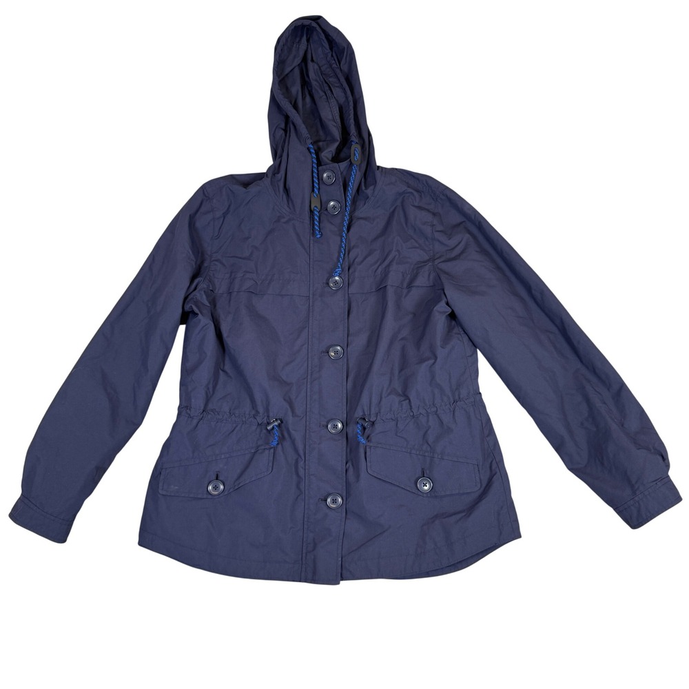 Navy Blue Hooded Utility Jacket Drawstring Waist Button Front Coat